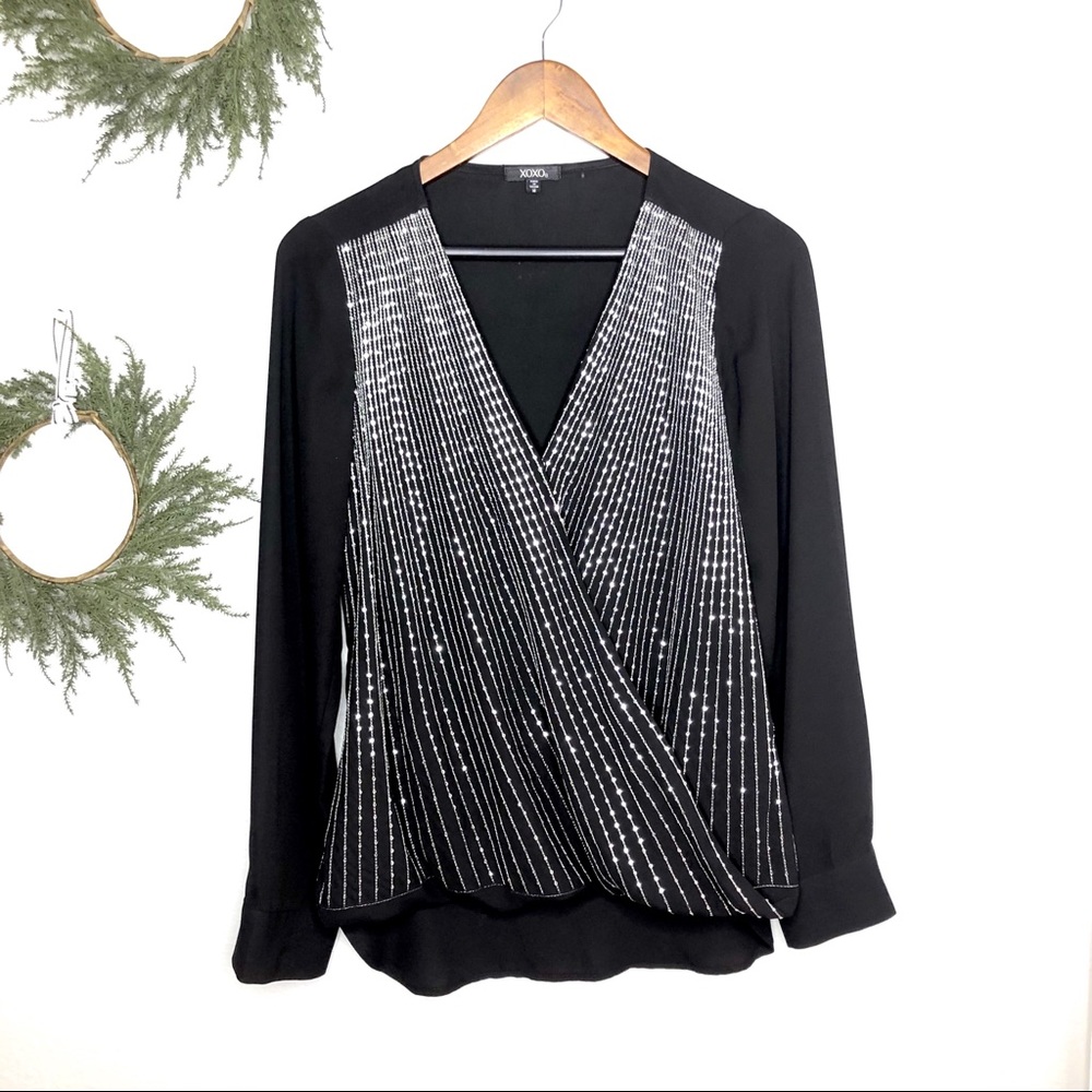 XOXO Black Sequin Embroidered Crossover Blouse